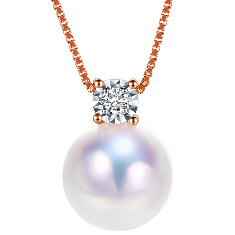 珍珠皇后Akoya海水珍珠项链18K金镶钻石吊坠戴妃款生日礼物送女朋友 玫瑰色18K金【9-10mm】