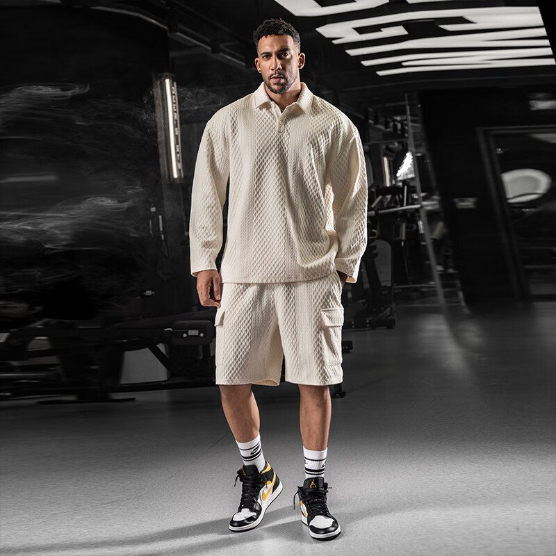 BD.POWER UP+秋季肌理感polo翻领长袖卫衣男健身大码运动简约宽松打底衫上衣 米色 L 75-85kg