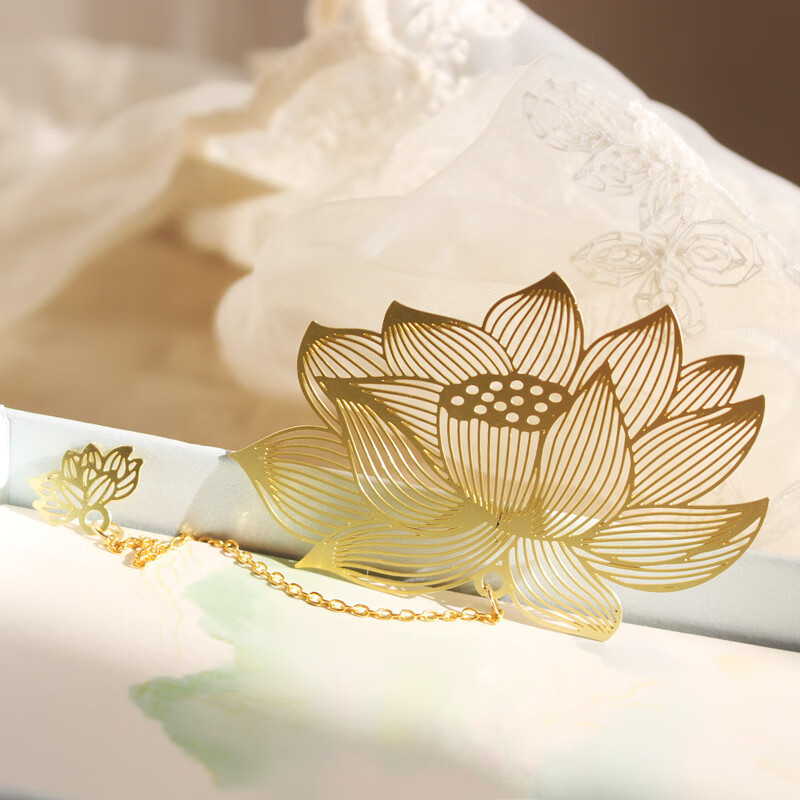 金属黄铜金莲花中国结流苏荷花书签礼品书签赠友人 荷花吊坠卡纸装