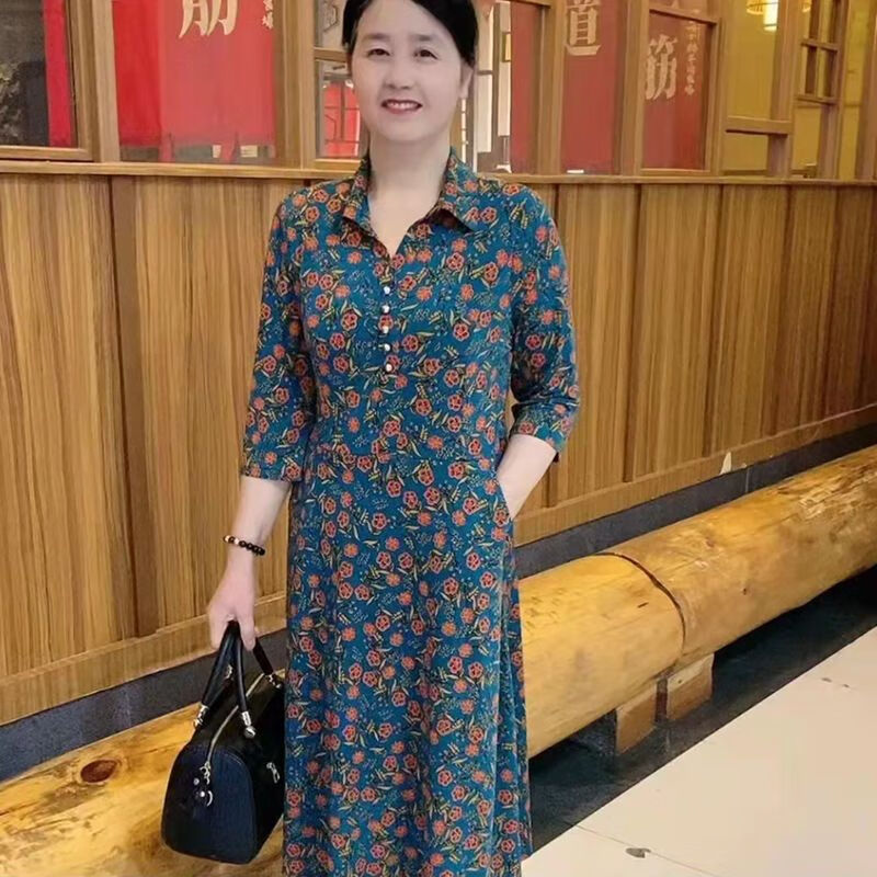 孑洋气直筒裙2023春夏新款七分袖碎花中老年妈妈 蓝绿色 xl 85-105斤