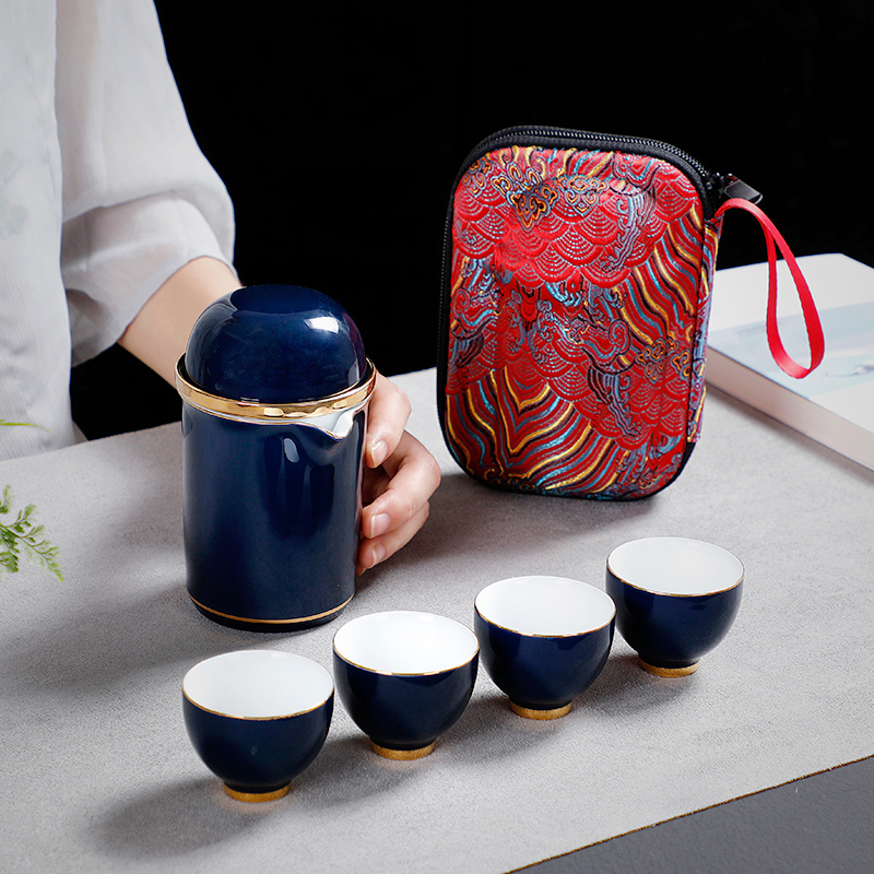 京腾佳盛 旅行茶具 便携旅行陶瓷功夫茶具套装 快客杯泡茶杯子带茶滤套装 霁蓝