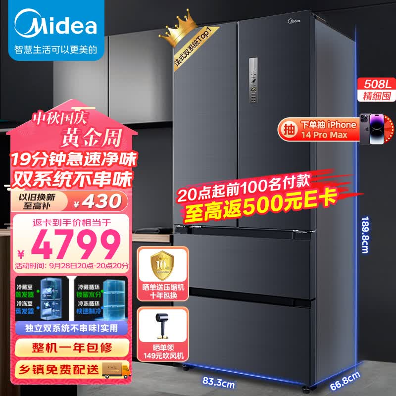 美的（Midea）19分钟急速净味508升变频一级能效法式四开门双系统双循环多门冰箱大容量智能BCD-508WTPZM(E)高性价比高么？