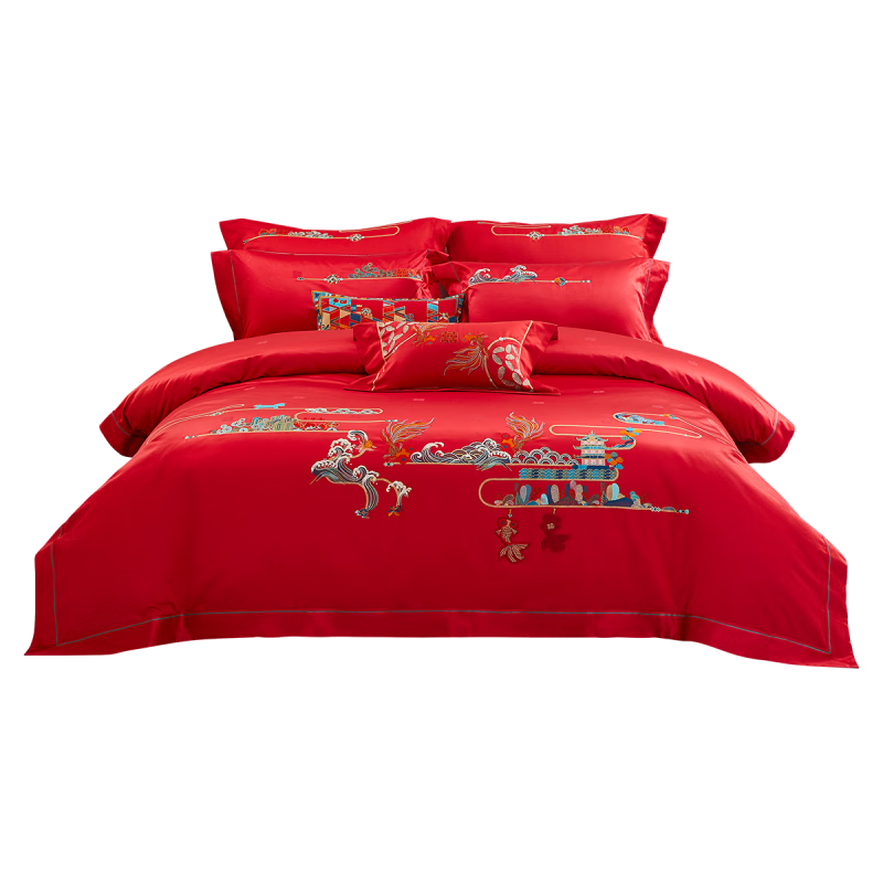 LUOLAI 罗莱家纺 全棉四件套大红色婚庆刺绣床单被套床上用品 与你在一起(提花四件套) 1.5米床(被套200x230cm)
