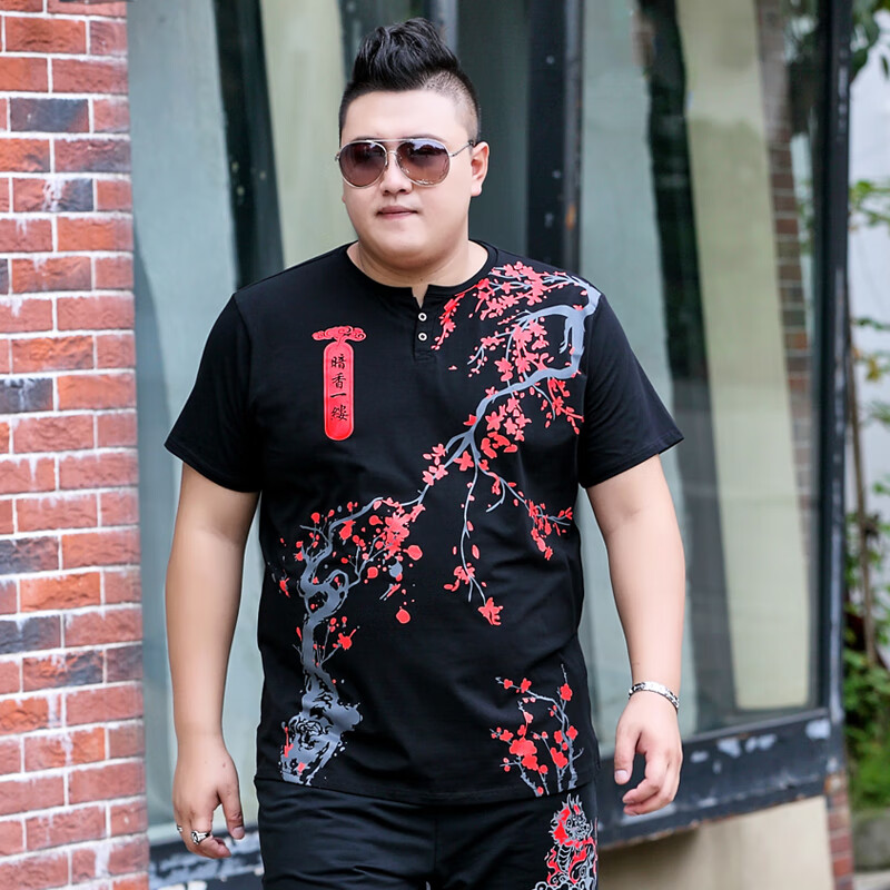 BORAMAR时尚胖子中国风加肥加大半袖衣服男士黑色显瘦透气短袖体恤衫薄款 黑色 7XL建议(260-280斤)