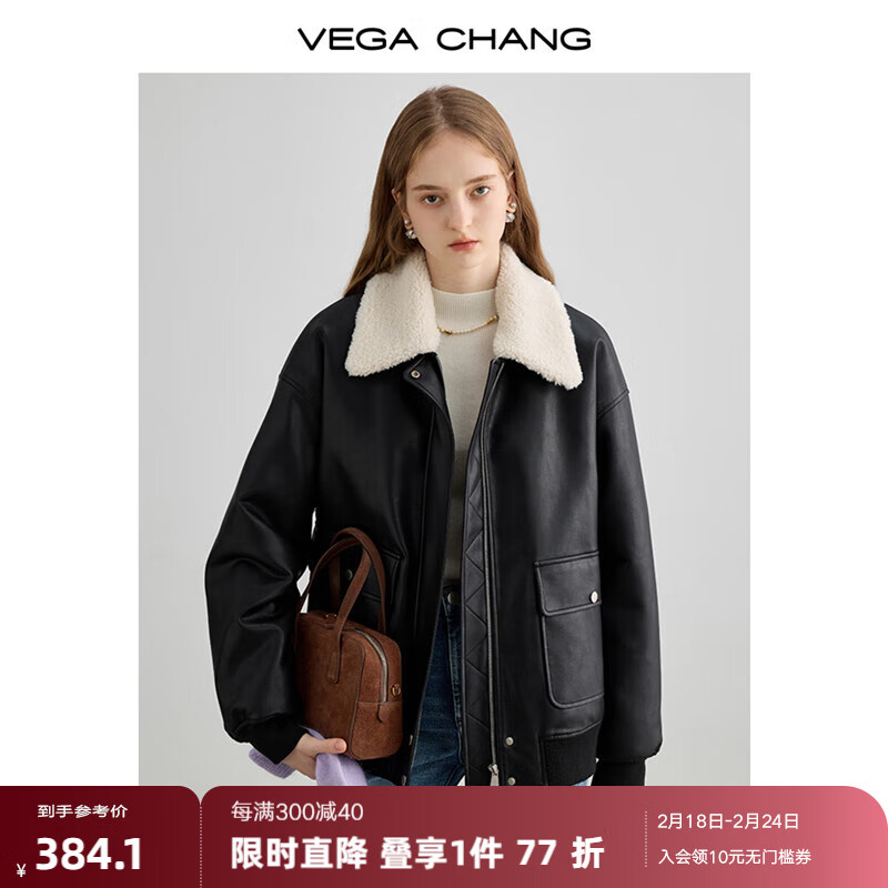 VEGA CHANG加绒短外套女2023年冬新款设计感翻领机车风黑色绒大衣 布林黑 S