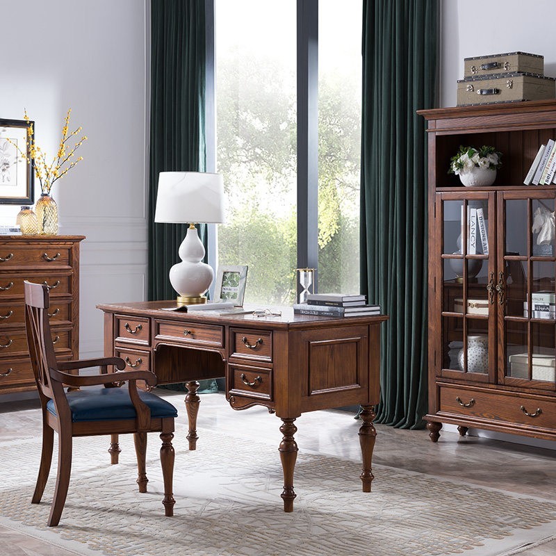 欧格美斯 书桌全实木美式双层 白蜡木写字桌写字台电脑桌 欧式简约