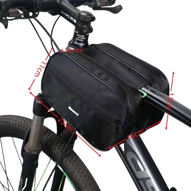 KLEVSOURE山地车前梁包防水儿童自行车马鞍包拉链上管双边包装备自行车包 特大号黑色包-(可放一瓶矿泉水)
