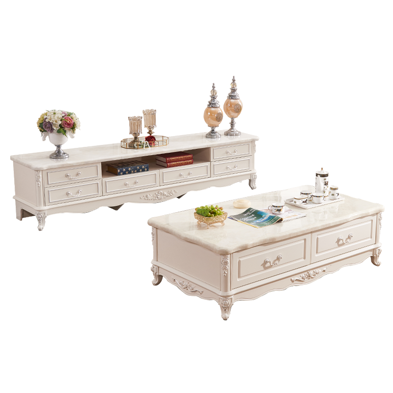 A家 欧式电视柜茶几组合欧式大理石面客厅茶几电视柜组合家具套装客厅家具FS101 电视柜洞石纹大理石面(2.2米) 图片色