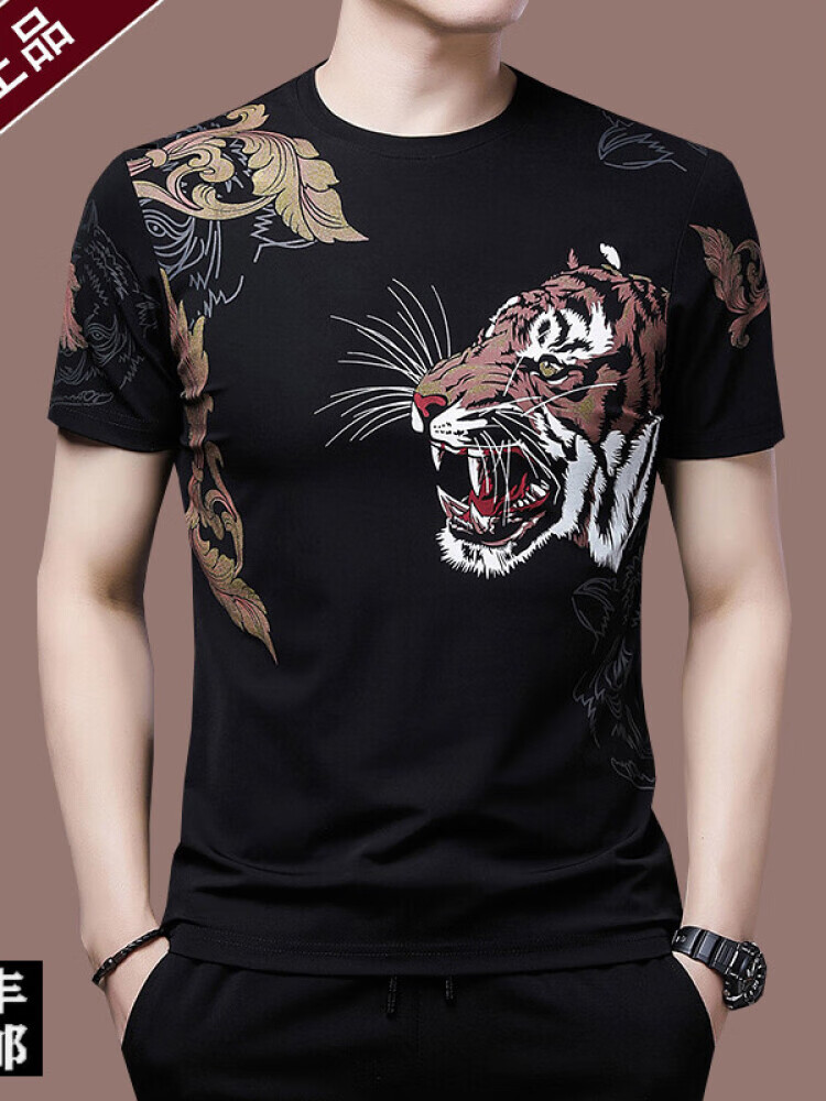 款男士t恤秋冬季纯·棉圆领高端简约印花薄款上衣潮 818黑色虎头 180