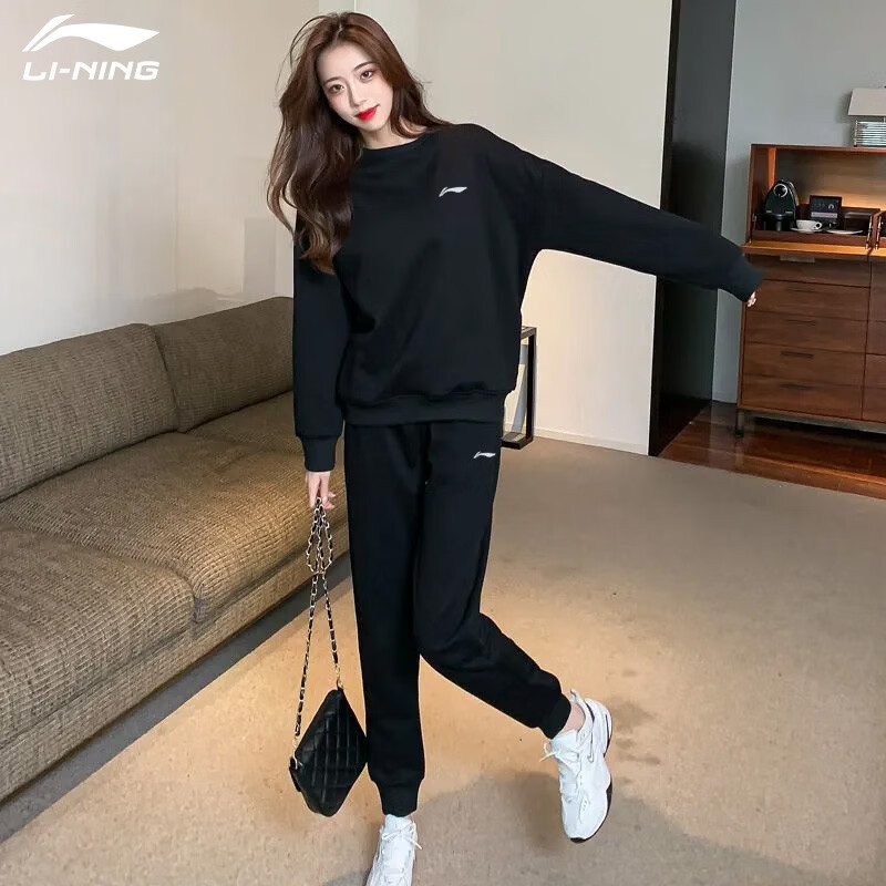 李宁（LI-NING） 运动套装女卫衣卫裤衣服裤子服饰篮球服女士春秋季足球服健身服跑步休闲服冬季 标准黑/新基础黑【店长推荐】 2XL(平时穿3XL建议拍)