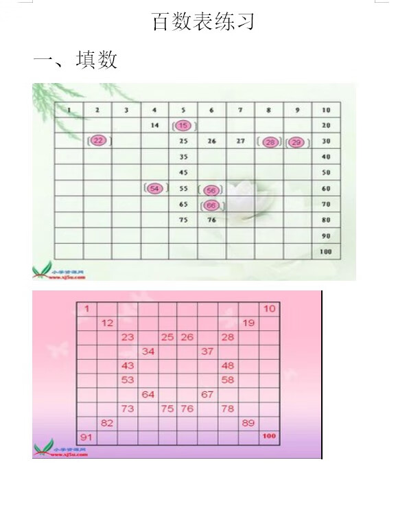 百数表图 一年级空白图片