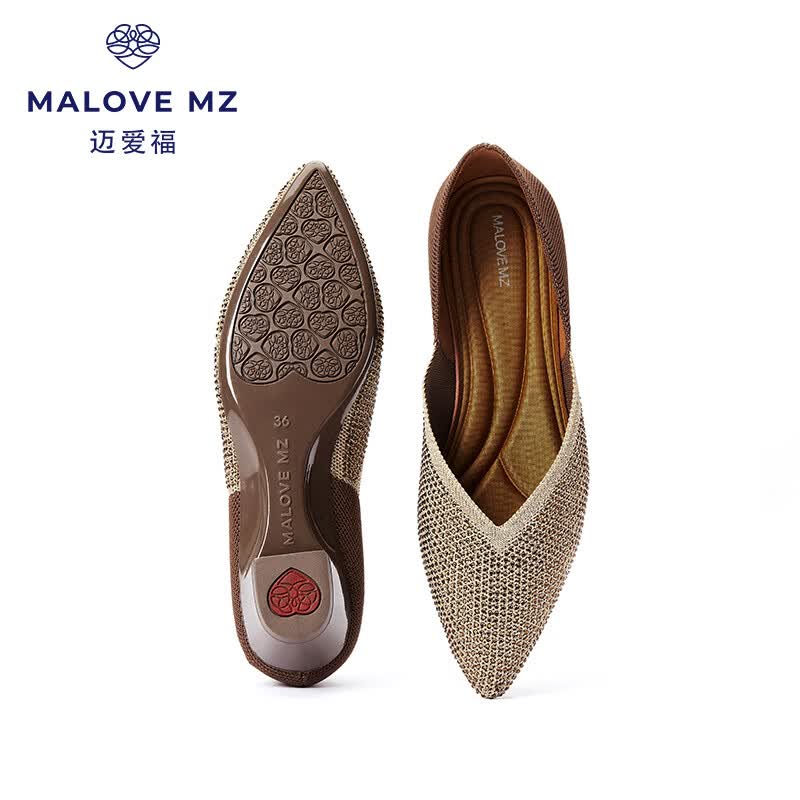 MALOVE MZ王妃鞋新款3.7cm尖头水晶低跟单鞋女职业通勤百搭平底鞋新款单鞋 金色魅力(脚宽建议拍大一码) 37