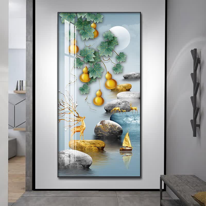 hkqh轻奢高端现代简约北欧五福临门麋鹿入户玄关装饰画晶瓷画竖版走 a