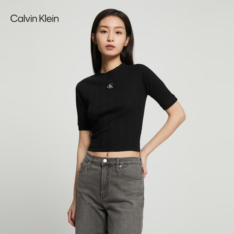 Calvin Klein Jeans23春季新款女士时尚LOGO绣标螺纹修身针织短袖T恤J220291 BEH-黑色 S