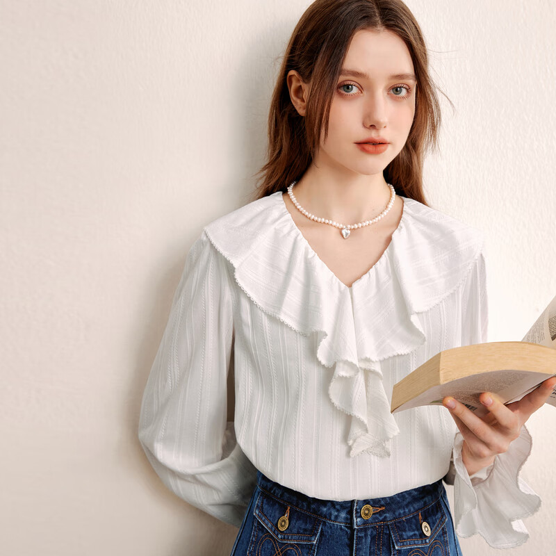 乐町大荷叶边上衣新款秋季长袖甜美浪漫女士百搭超仙衬衫 白色（现货） S
