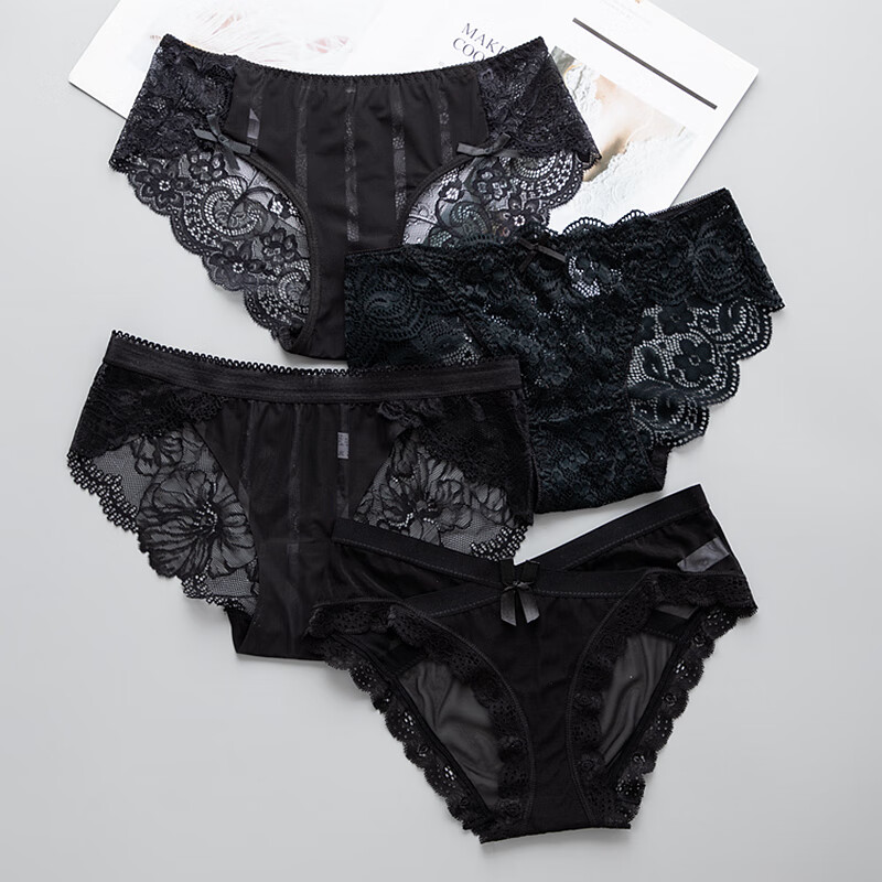 性感蕾丝内裤女士纯棉裆无痕少女生低腰日系火辣惑三角裤 黑色 黑色