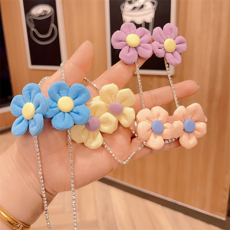 彩色花朵蝴蝶结编发链珍珠蝴蝶发链儿童女童韩国宝宝发夹夏天发饰 彩色花朵一对（2个套装