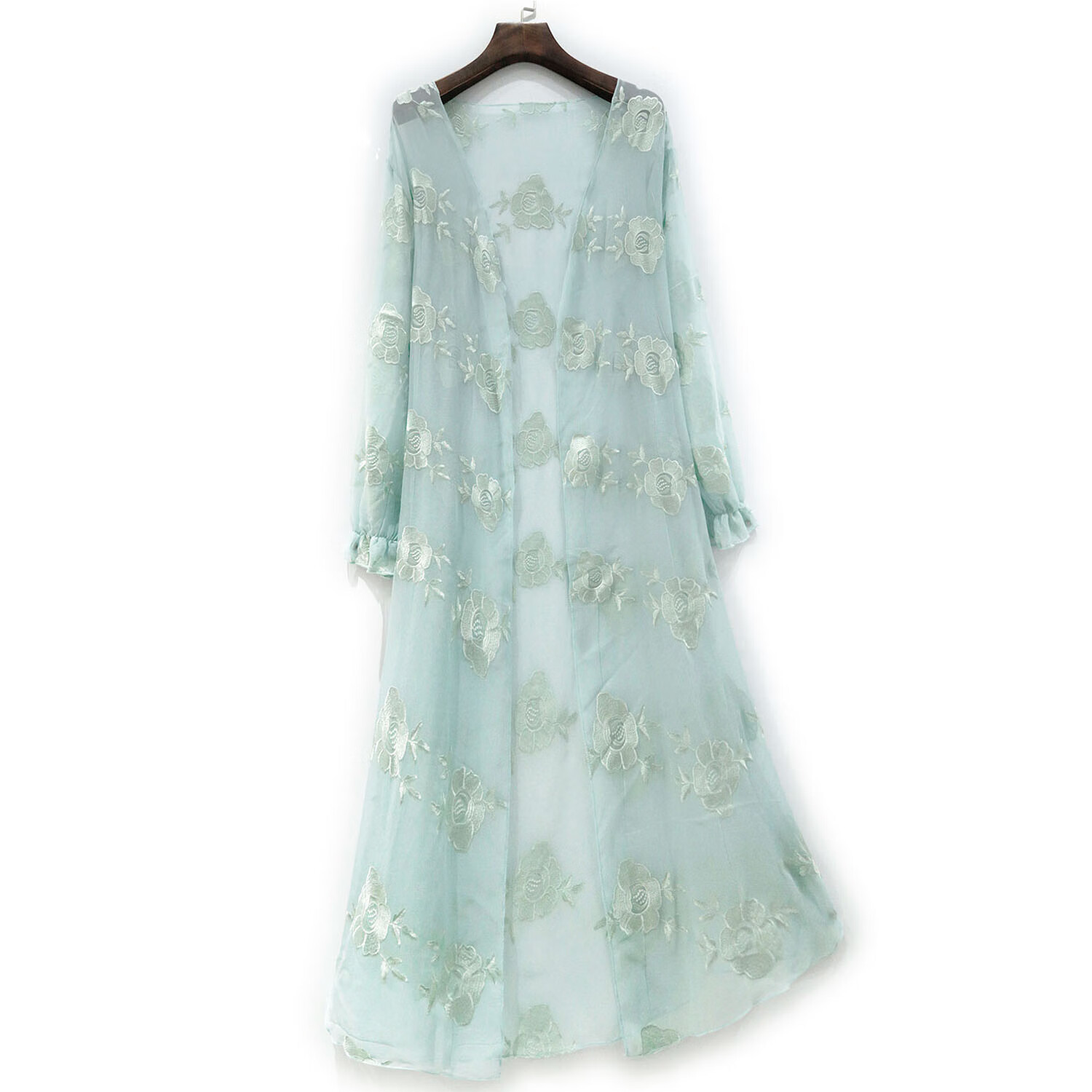 夏披肩女外套长袖长款外搭 清新蓝色花重工刺绣 胸围108长110袖长55