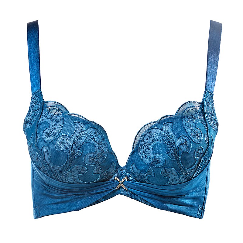 贝佳人蕾丝透气舒适文胸中厚模杯显大性感深v聚拢内衣胸罩女 碧水蓝
