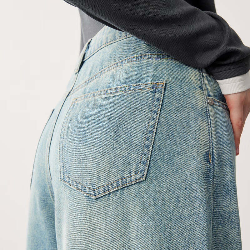 乐町零碳天丝垂感宽松牛仔香蕉裤新款秋季复古阔腿裤子 浅牛仔蓝(现货) L