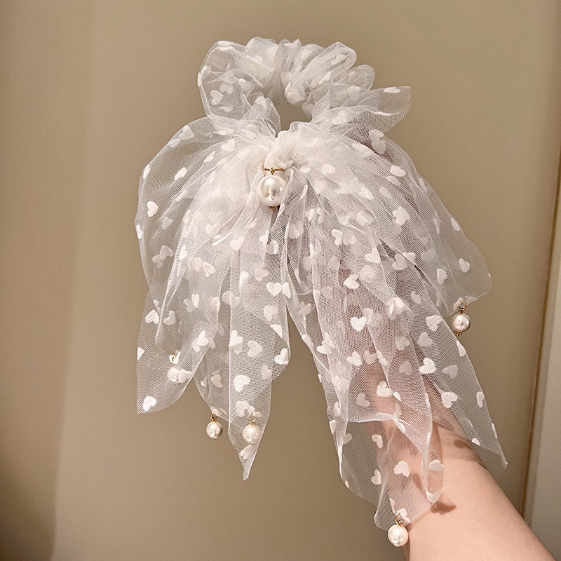 超仙网纱波点流苏珠子发圈飘带扎头发高颜值头绳网红同款发饰 白色