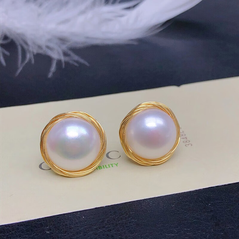 简玺珍珠耳环 S925银耳针不过敏 天然淡水珍珠 手工绕丝 白色珍珠 珍珠尺寸9-10mm