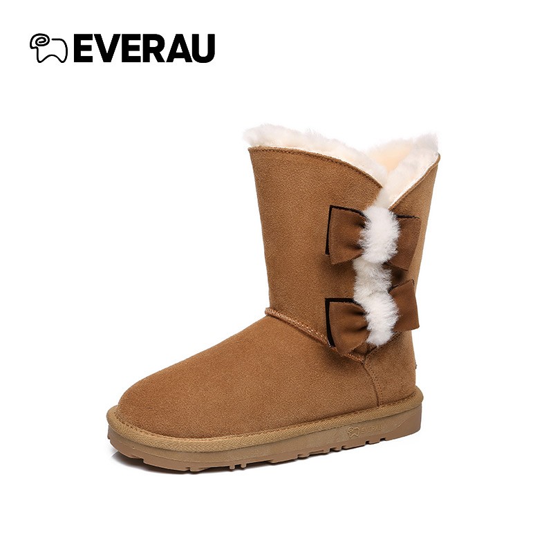 everau 冬季新款女士双蝴蝶结款中筒雪地靴女加绒羊毛中筒靴防滑棉靴