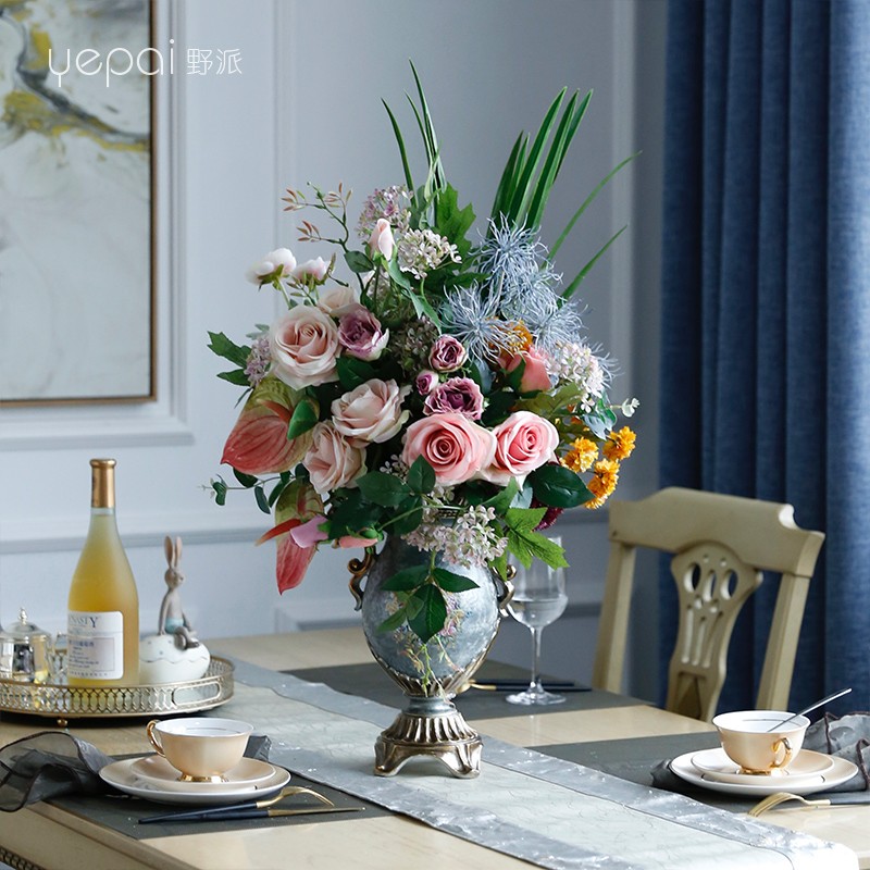 野派高檔假花仿真花歐式裝飾花客廳茶幾擺設花瓶花藝酒店餐廳插花擺件 C款套裝花藝