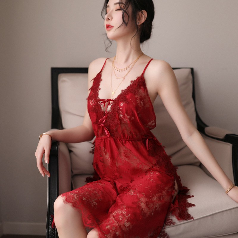 连体全身表演sm舒适诱惑蕾丝睡衣宽松舒服家居网纱透视睡裙开叉 红色