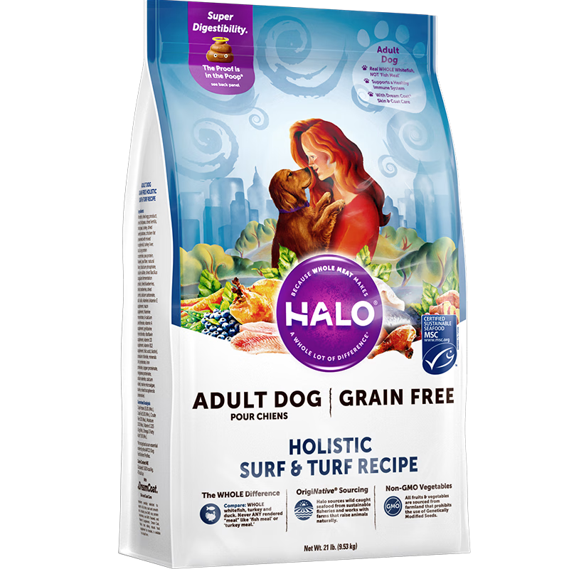 自然光环美国进口Halo【成犬鲜肉】狗粮中大型犬金毛拉布拉多边牧德牧柴犬 成犬海陆4磅 1.8kg 下单抽奖·满赠好礼~详情请入会