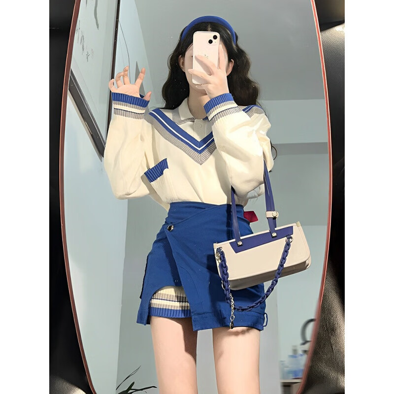 雷黛茜秋季套装2024新款大码女装学院风减龄针织毛衣不规则半身裙两件套 上衣  单件 M 【建议80-100斤】