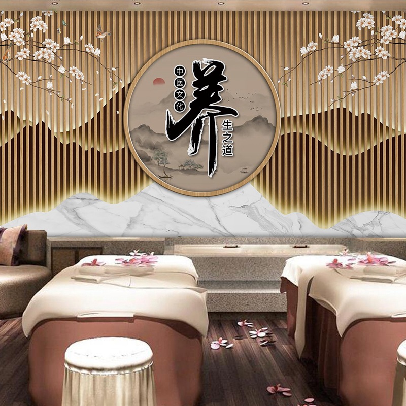中医足疗养生馆背景墙纸中式美容院形象墙装饰壁画采耳店壁纸 (无缝)