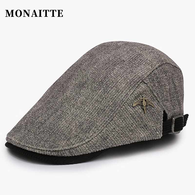 蒙奈特（MONAITTE）帽子男新款潮流秋季鴨舌帽貝雷帽中老年爸爸大頭英倫四季前進(jìn)帽 灰色 均碼 可調(diào)節(jié)（54-61CM）