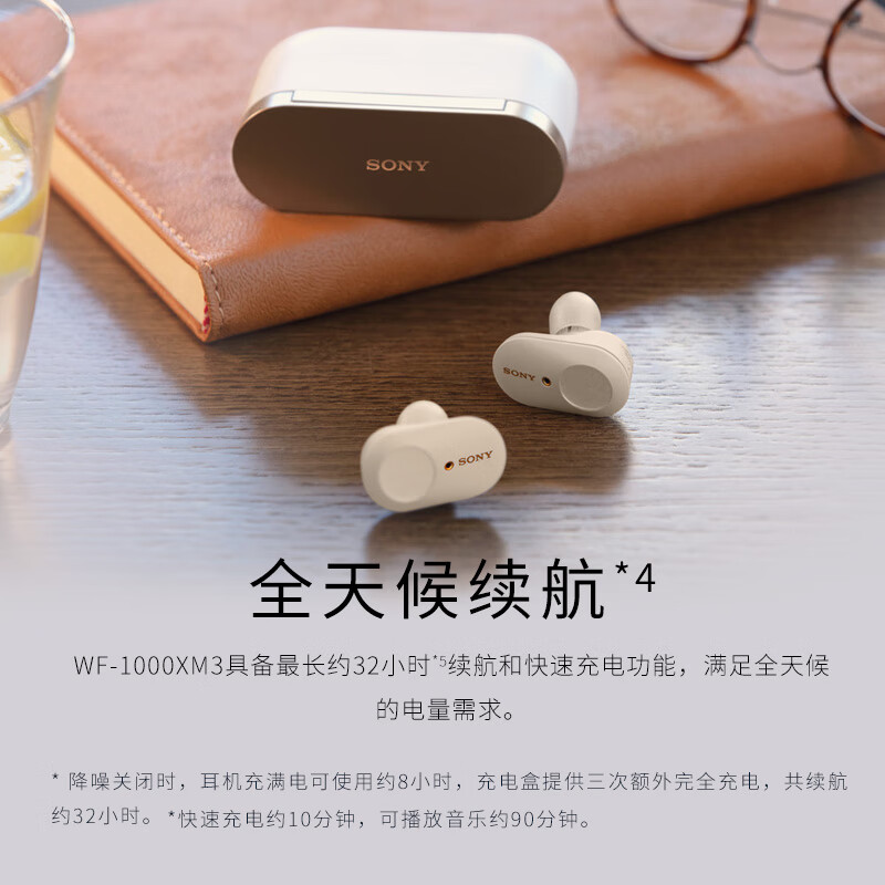 索尼（SONY） WF-1000XM3 真无线蓝牙降噪耳机入耳式运动降噪豆适用安卓苹果 WFXM3铂金银