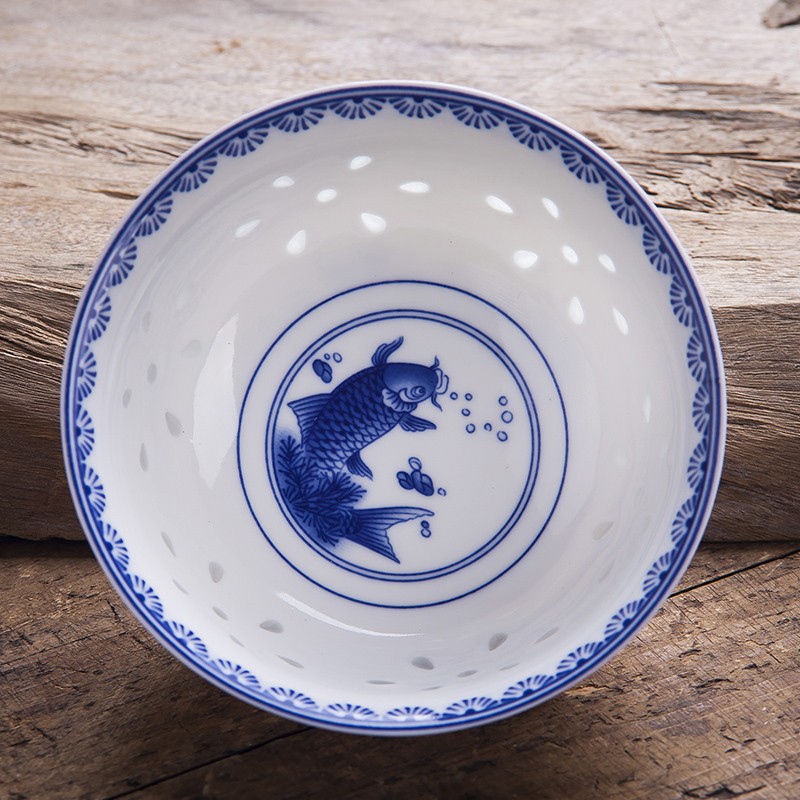 陶瓷家用米饭碗青花玲珑陶瓷碗单个吃饭碗餐具碗小汤碗 5英寸年年有鱼