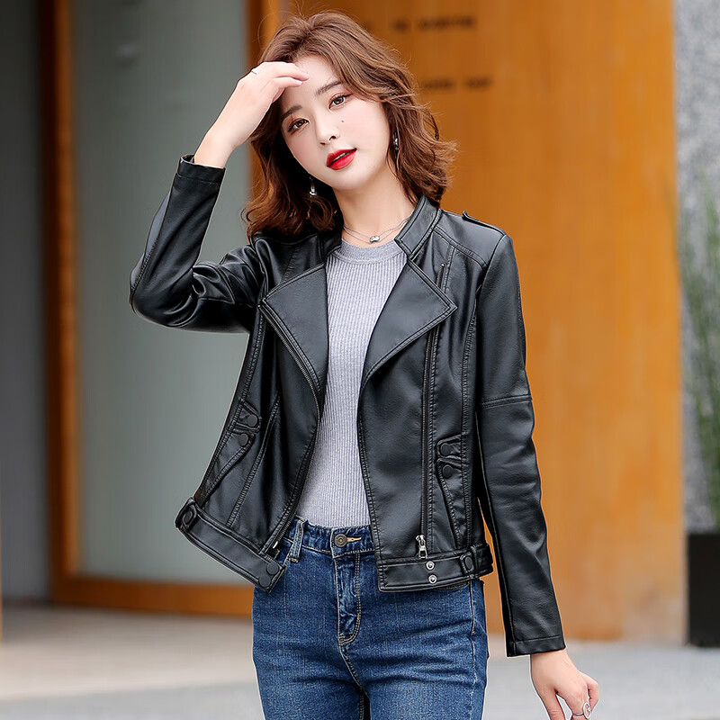 健卡丹真皮皮衣女短款绵羊皮春秋韩版修身矮个子机车皮夹克女士小外套