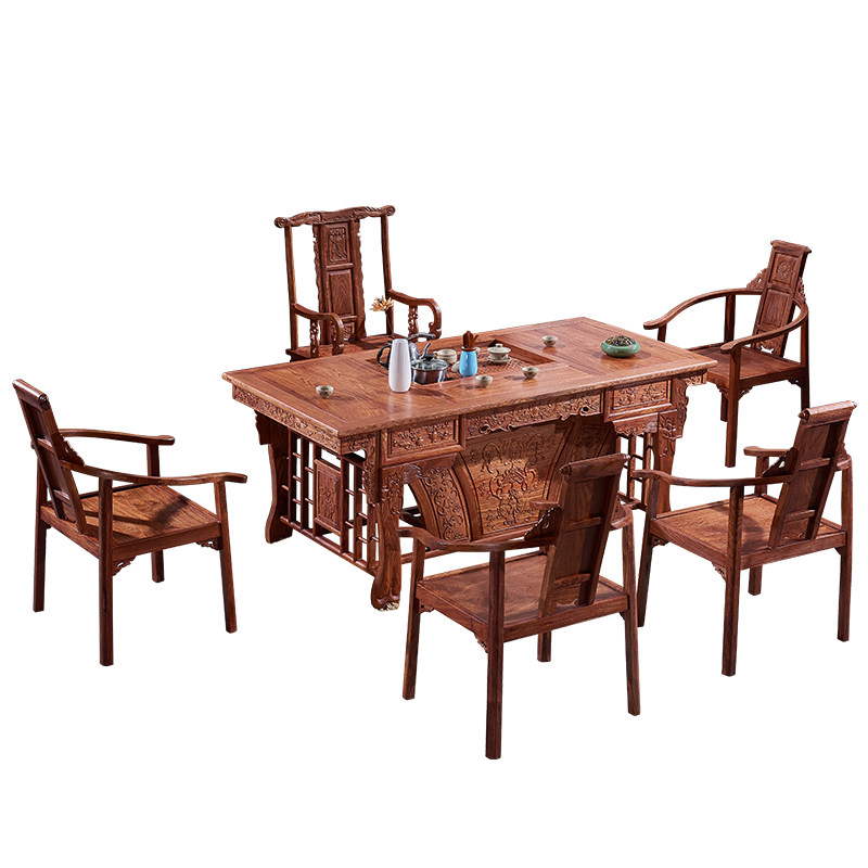 正荣府 红木家具 非洲花梨（学名：刺猬紫檀）新中式茶桌组合实木茶台茶室家具虎脚茶桌 1.38米茶台+1豪华主人椅+4文福椅（或圈椅）