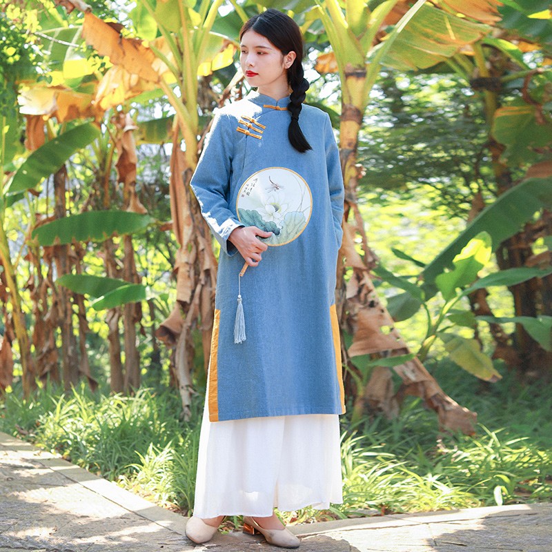 乱在江南长袖棉麻连衣裙中长款春秋新款复古民国风盘扣女装 浅蓝色 m