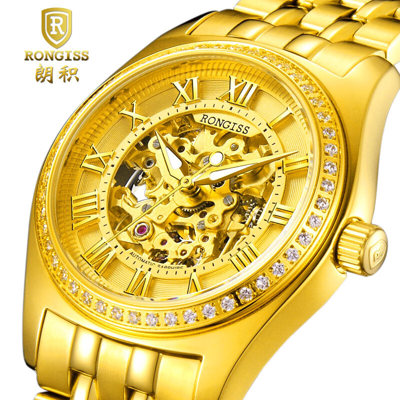 朗積（RONGISS）瑞士十大品牌機(jī)械表鏤空進(jìn)口機(jī)芯商務(wù)金表男士黃金色手表純金色 全羅馬面