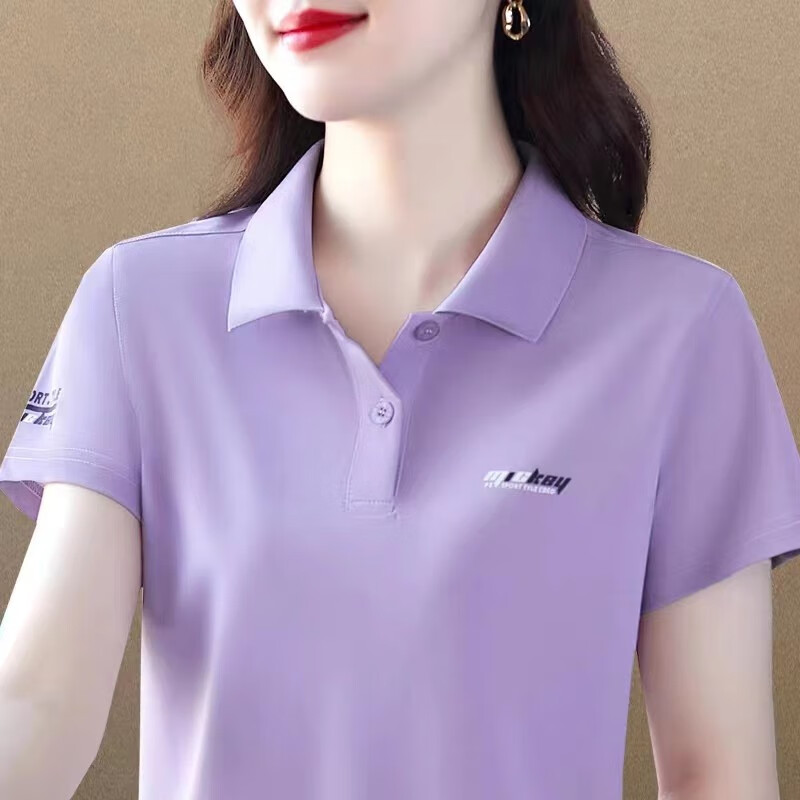 语缦翻领短袖t恤女冰丝时尚洋气夏季新款中年妈上衣女士休闲T恤polo衫 23343灰蓝 5XL 体重150-160斤