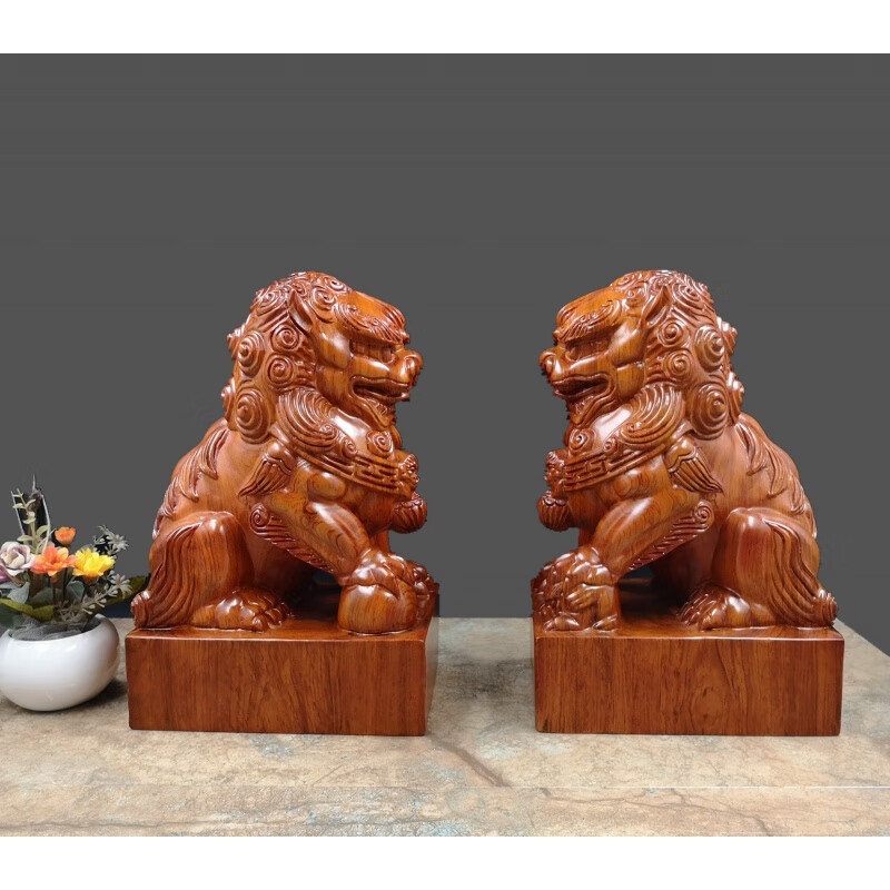 花梨木雕狮子摆件红木醒狮木雕摆件家居创意红木礼品手工艺术品 花梨