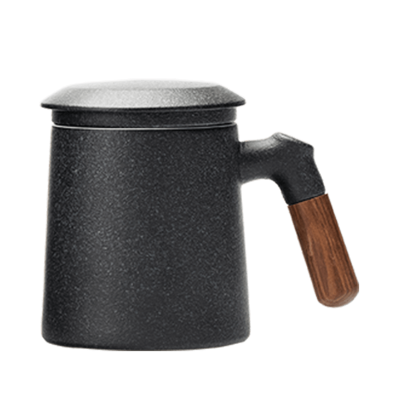 全格PINZTEA木把柄陶瓷马克杯泡茶杯水杯带过滤内胆全格茶水分离办公室家用带盖黑色380ml 黑色