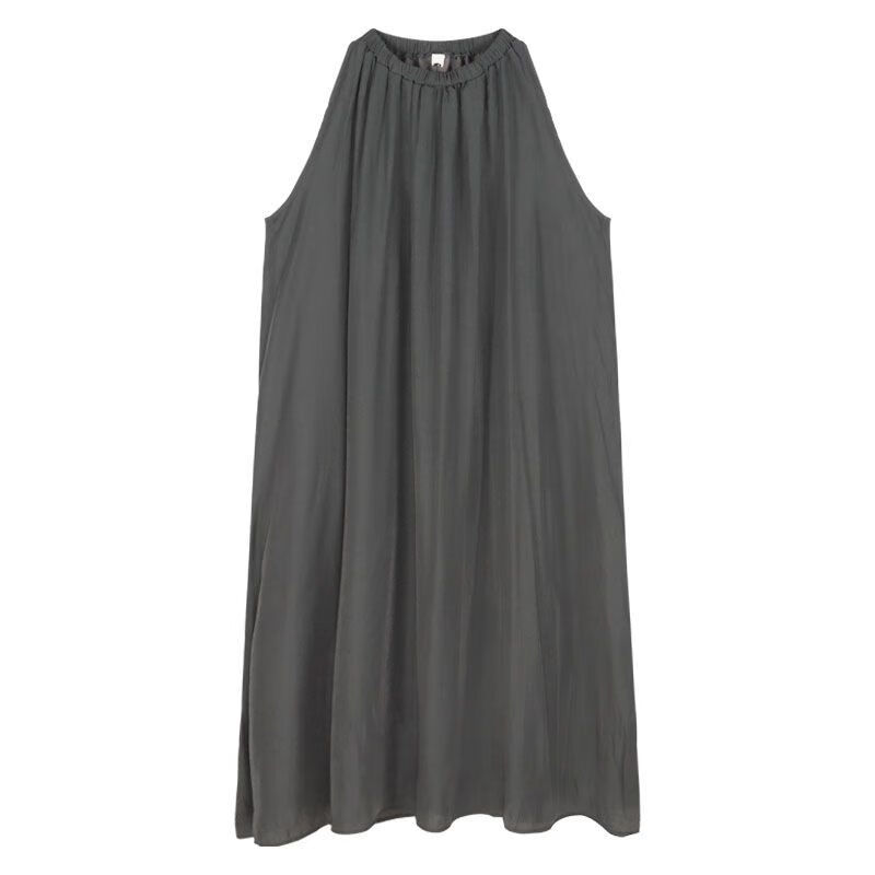 lpox灰色褶皱无袖连衣裙女夏季2024新款设计感小众挖肩挂脖中长款裙子