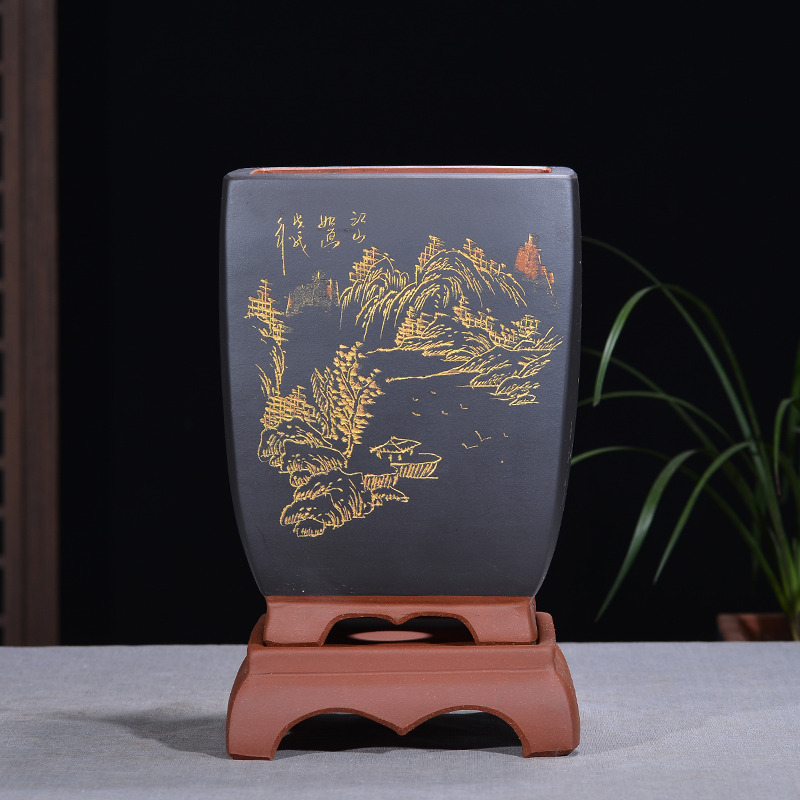 简约大号带托盘兰花盆四方千筒花盆 黑色粉浆款 底座 尺寸请看图片