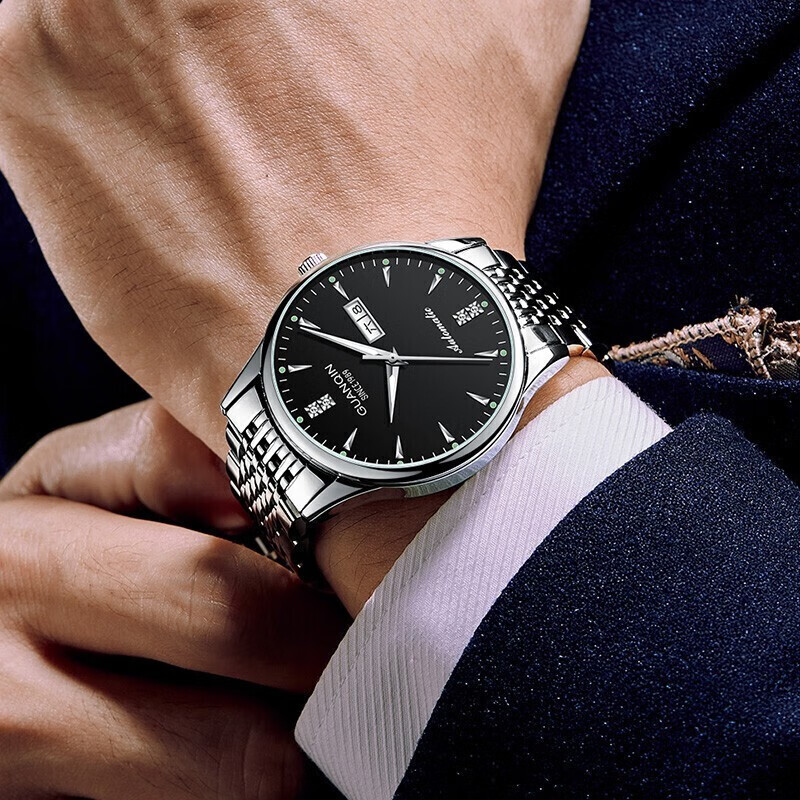 冠琴（GUANQIN） 名表 新款手表男士全自动机械商务休闲防水夜光男表精钢时尚简约 冠琴 16221精钢黑面 免费刻字