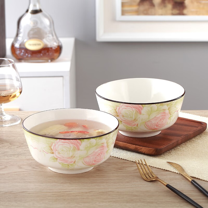 7英寸汤碗碗家用陶瓷菜碗印花碗2个装欧式简约釉下彩泡面碗大饭碗可微波炉餐具 2个7英寸清香玫瑰面碗