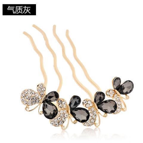 韩版盘发发梳四齿合金插梳盘发器蝴蝶优雅盘发发梳头饰 蝴蝶发梳气质灰