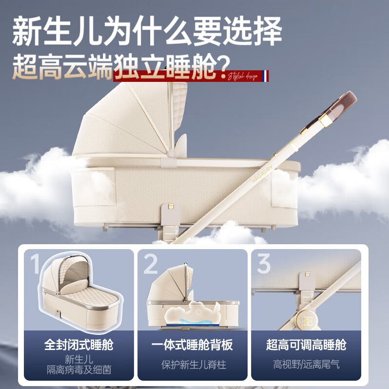 哈卡达妙灵婴儿车0-3岁用折叠可坐可躺高景观双向溜娃婴儿推车遛娃神器 【Pro+版】单车+睡篮大象灰
