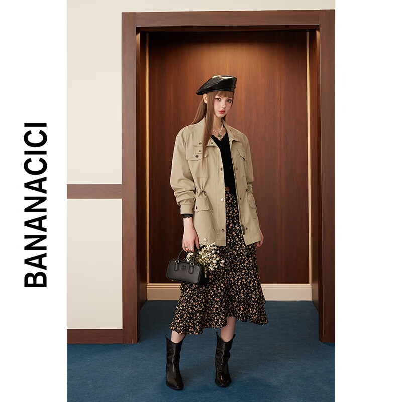 banana cici2024年初秋新款复古拼接蕾丝花边V领抽褶针织衫上衣女C243MY055 黑色 S