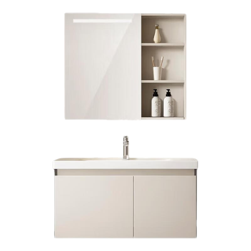 恒潔（HEGII）浴室柜 陶瓷一體盆 新中式大容量分區(qū)儲(chǔ)物衛(wèi)生間美妝洗手盆柜組合 【智能】BC6223淺咖色100cm